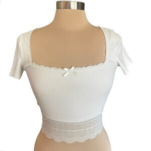 Y2K Babydoll Rib Knit Tee Lace Trim SMALL Bella Coquette Milk Maid Casual Summer